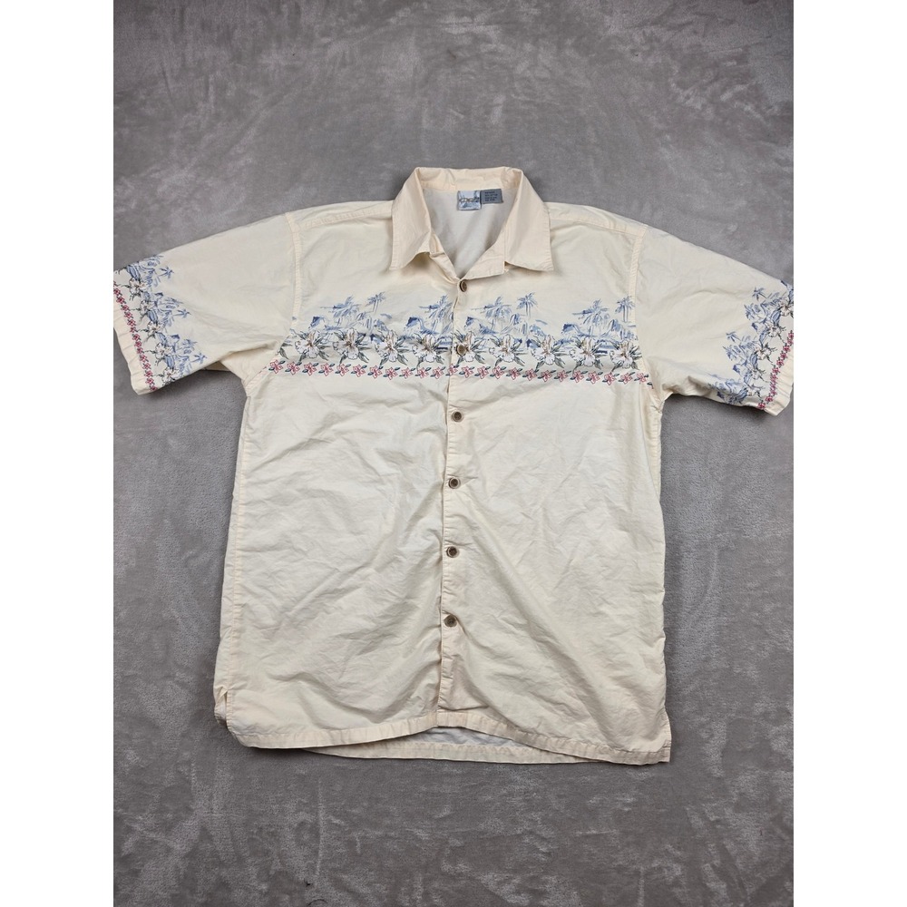 Vintage OP Ocean Pacific Sport Hawaiian Shirt Mens XXL Cream Floral Palm Tree